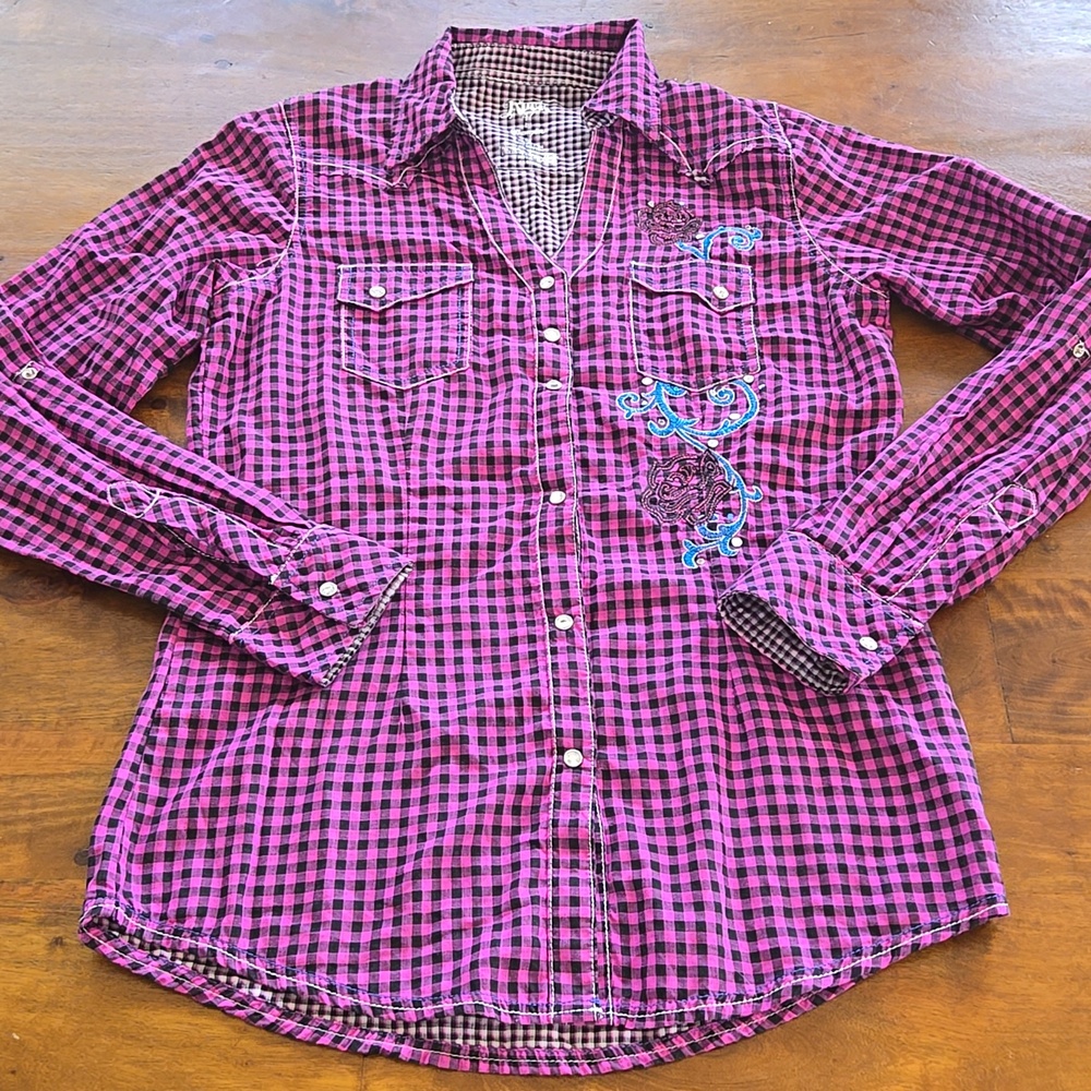 Rock 47 by Wrangler Embroidered Rhinestone Pink Gingham Button Down Size Medium